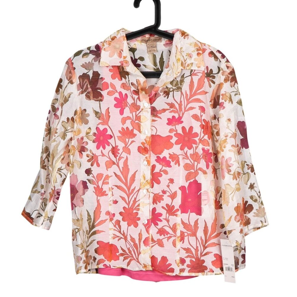 Y2K Sheer Blouse Tank Set L Womens NEW Floral Button Up Shirt Pink White Yellow